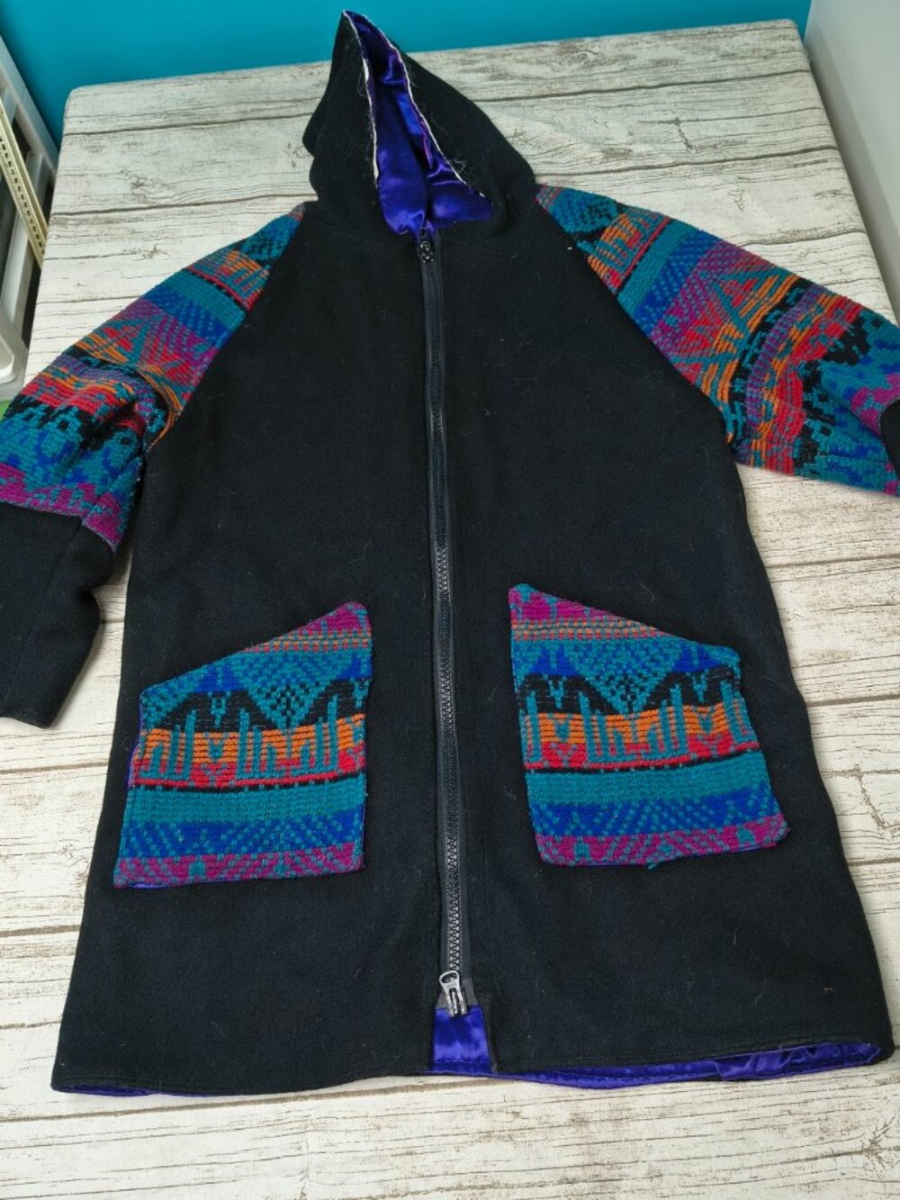 Vintage Aztec Southwestern Wool Hooded Coat Jacket Vibrant Geometric Tapestry